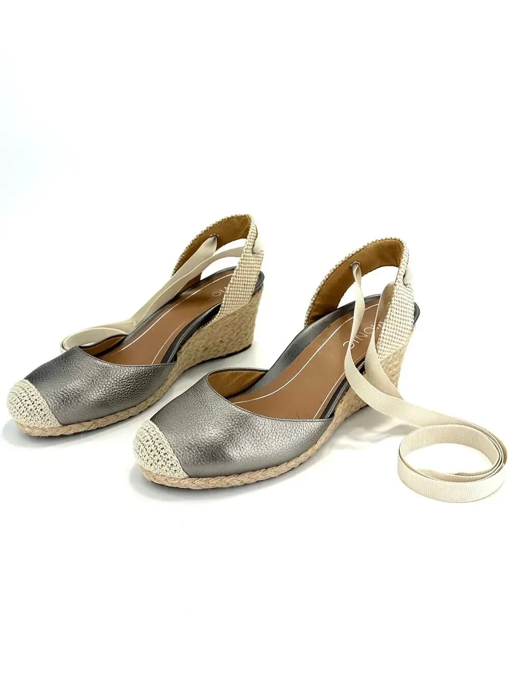 Vionic Maris Wedge Sandal Size 9/41 Gray/Pewter Leather Espadrille Closed Toe